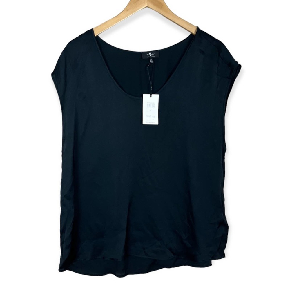 7 FOR ALL MANKIND Womens Black Sleeveless Satin Basic Casual Top LARGE NWT